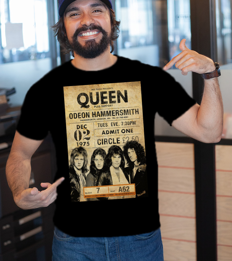 Queen Concert Odeon Hammersmith Dec 02 1975 Admit One Circle 7:30PM Block 7 Seat A62 T-Shirt