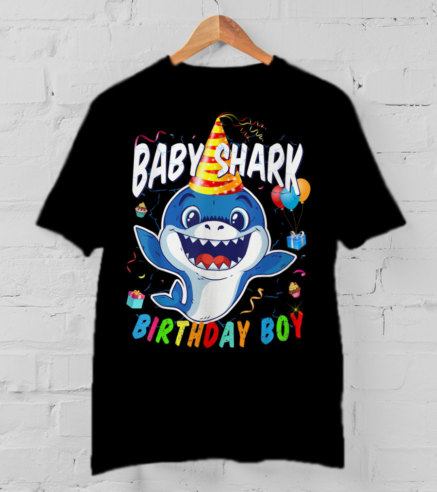 Baby Shark Birthday Boy Celebration With Party Hat And Balloons T-Shirt