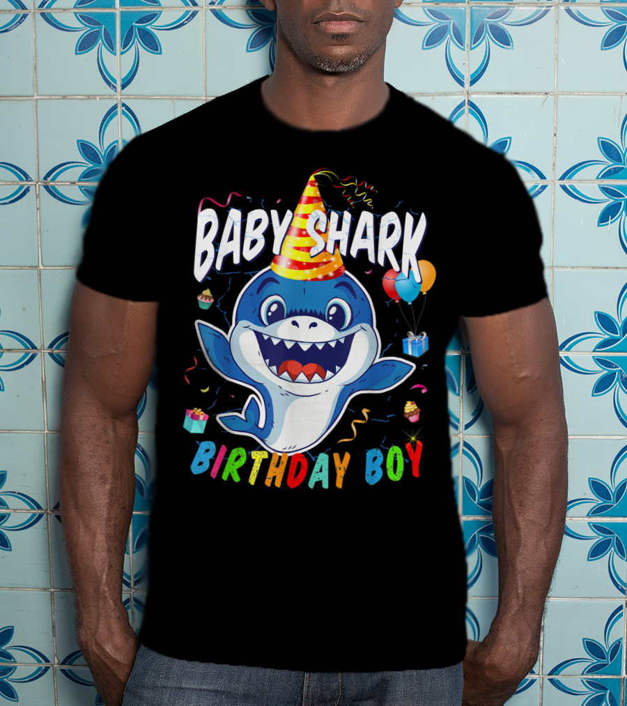 Baby Shark Birthday Boy Celebration With Party Hat And Balloons T-Shirt
