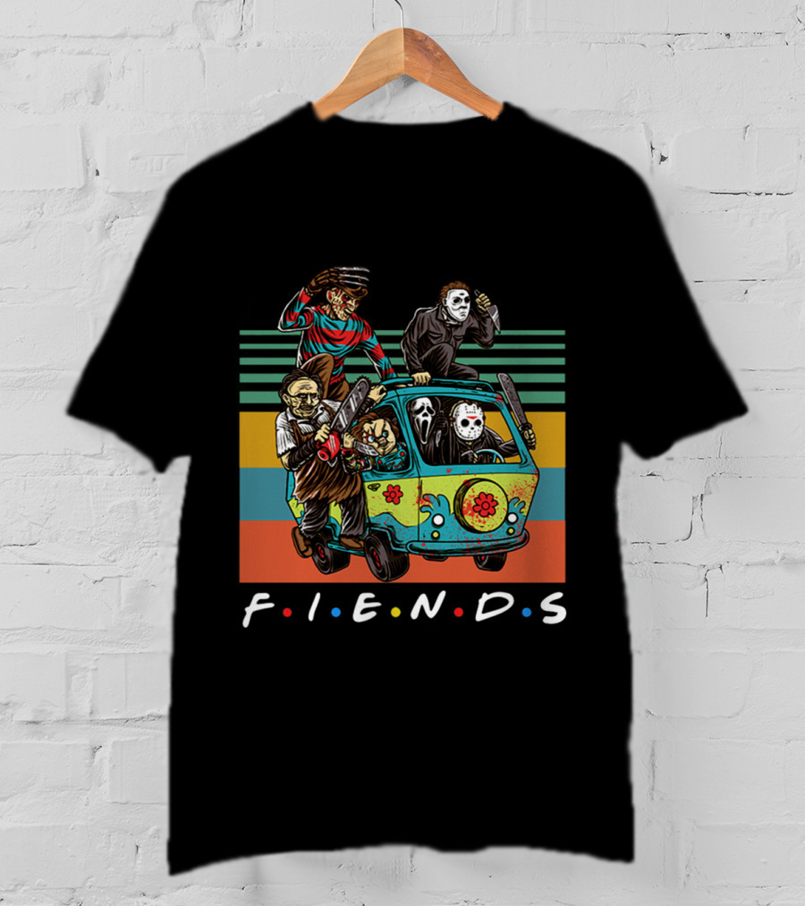 Fiends TV Show Horror Movie Characters Parody With Freddy Jason Scream Driving Scooby-Doo Van T-Shirt