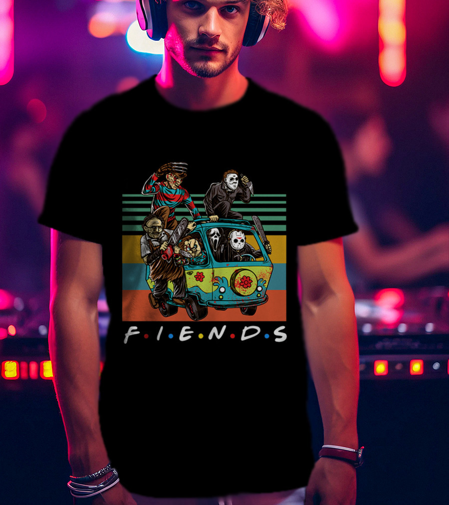 Fiends TV Show Horror Movie Characters Parody With Freddy Jason Scream Driving Scooby-Doo Van T-Shirt