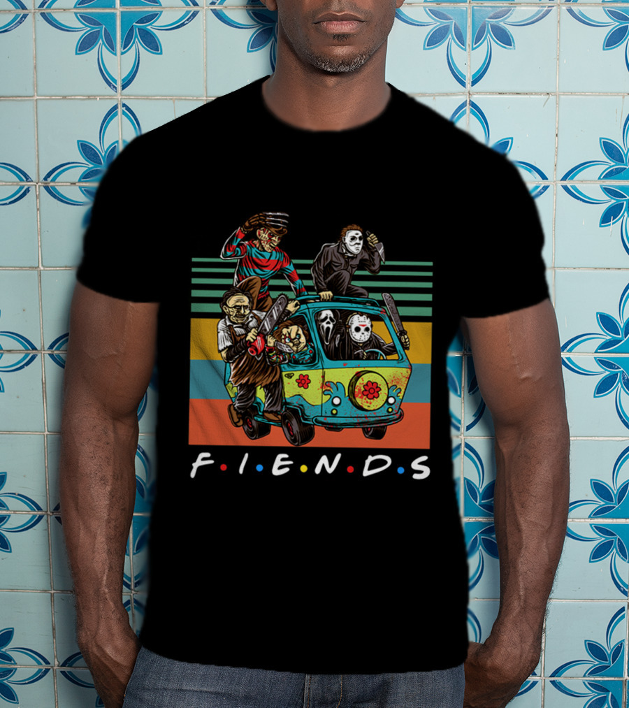Fiends TV Show Horror Movie Characters Parody With Freddy Jason Scream Driving Scooby-Doo Van T-Shirt
