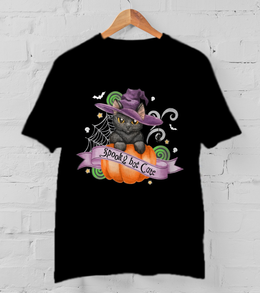 Spooky But Cute Cat Halloween Witch Hat Pumpkin Spiderweb Bats Skulls T-Shirt