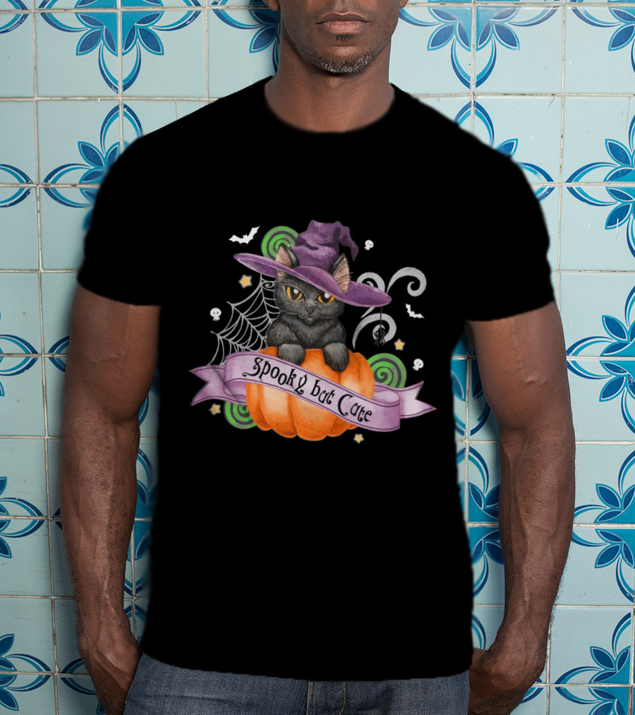Spooky But Cute Cat Halloween Witch Hat Pumpkin Spiderweb Bats Skulls T-Shirt
