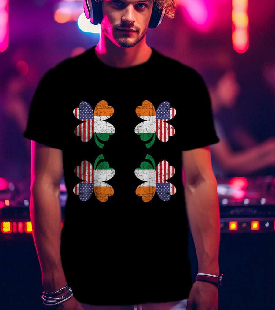 Saint Patricks Day Irish American Flag Four Leaf Clover Ireland T-Shirt