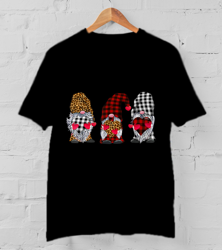 Three Gnomes Leopard Buffalo Plaid Hearts Valentines T-Shirt