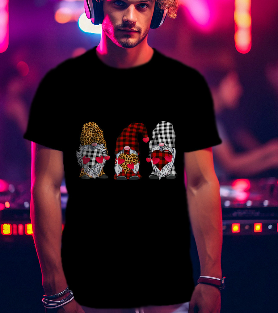 Three Gnomes Leopard Buffalo Plaid Hearts Valentines T-Shirt