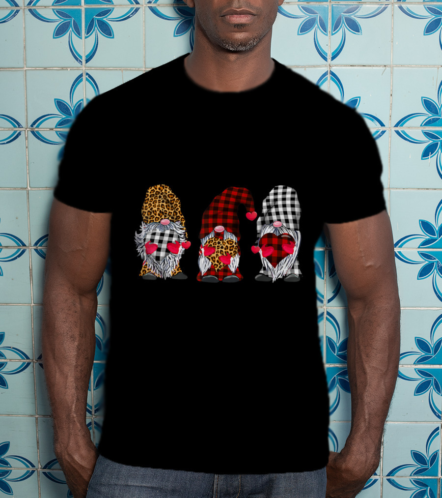 Three Gnomes Leopard Buffalo Plaid Hearts Valentines T-Shirt