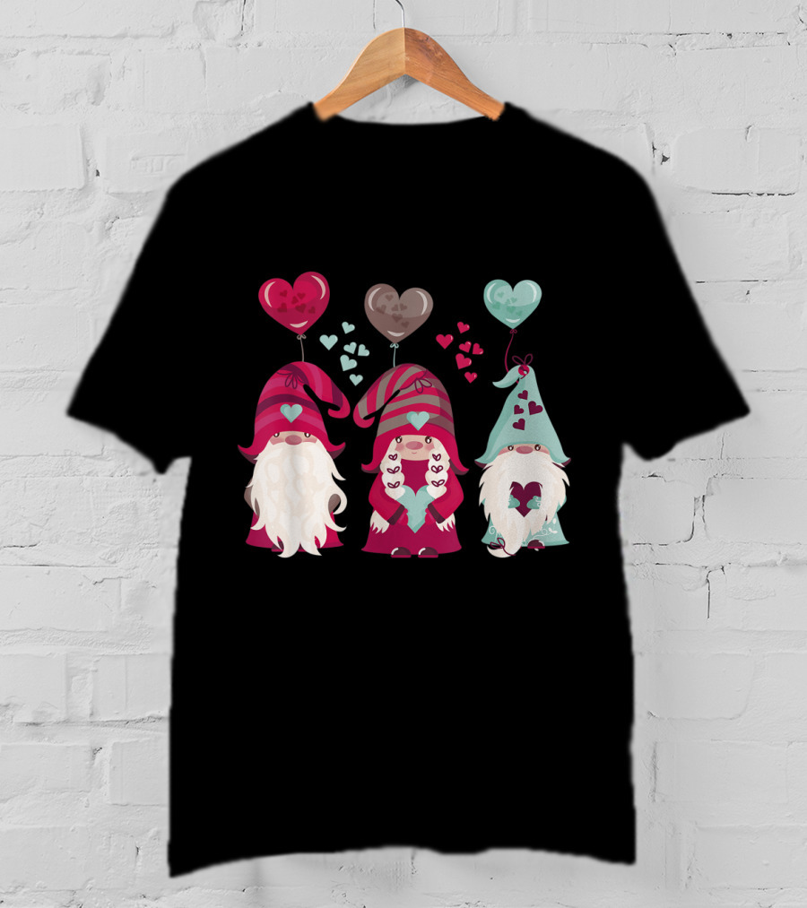 Three Gnomes With Heart Balloons Valentines T-Shirt