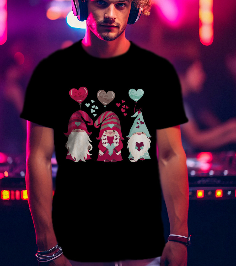 Three Gnomes With Heart Balloons Valentines T-Shirt