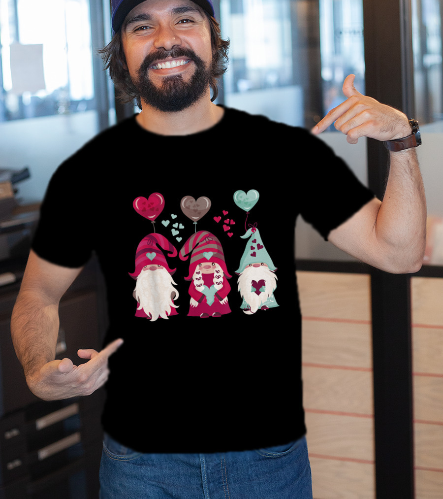 Three Gnomes With Heart Balloons Valentines T-Shirt
