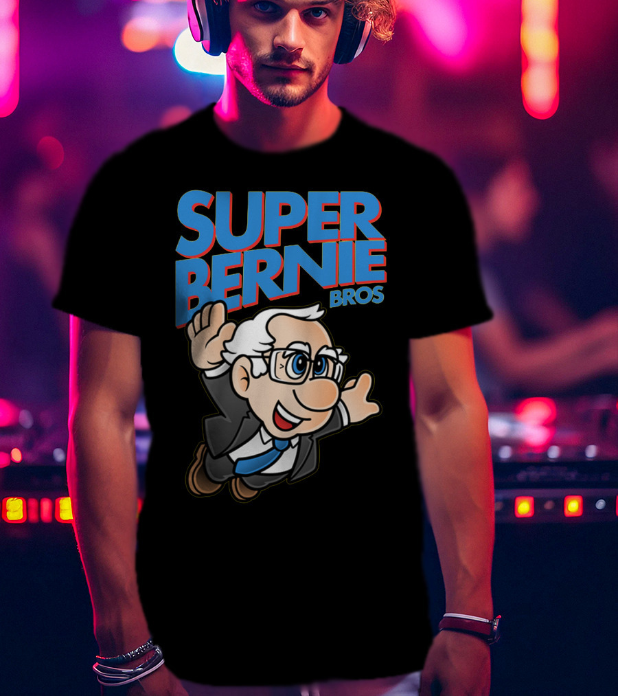Super Bernie Bros Flying Cartoon Character In Blue Suit And Glasses Iconic T-Shirt