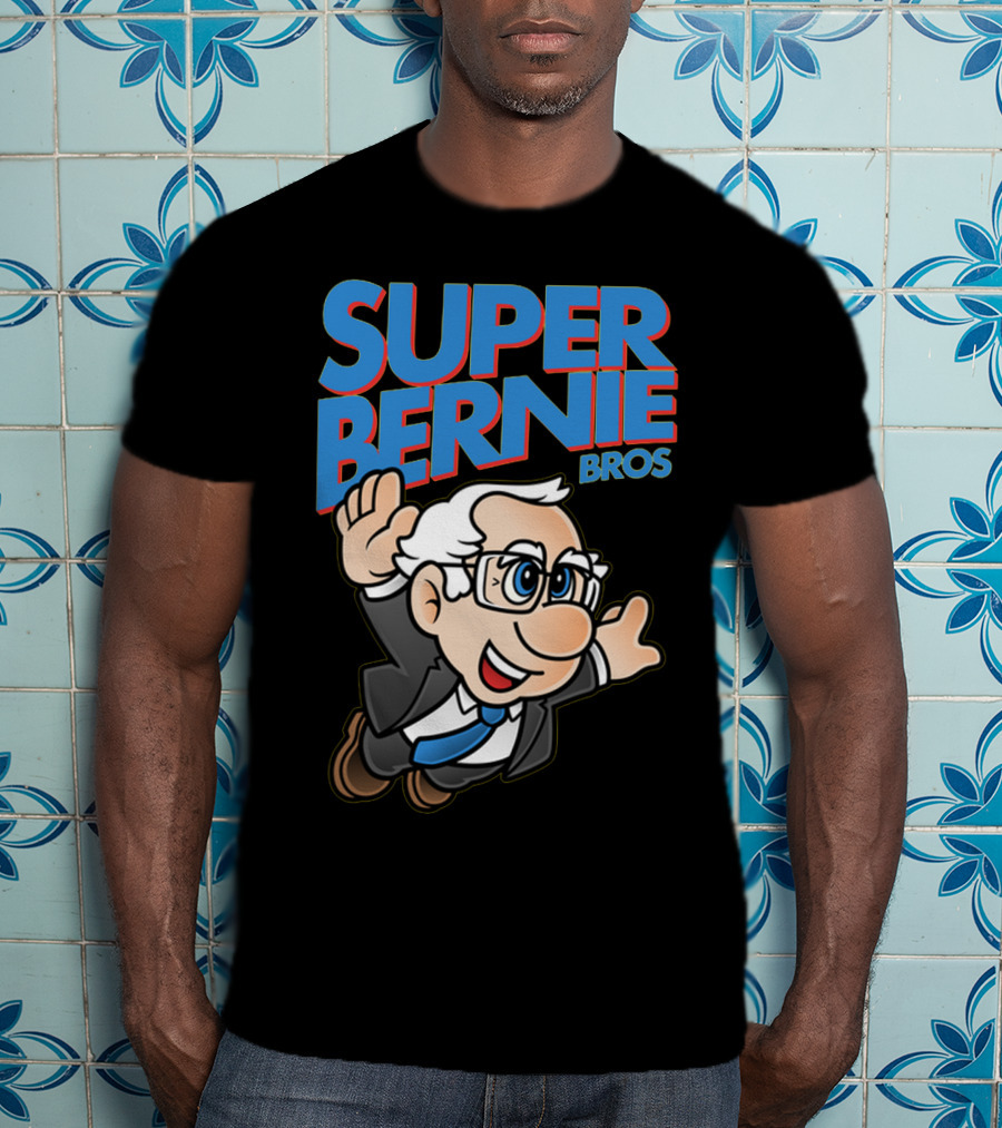 Super Bernie Bros Flying Cartoon Character In Blue Suit And Glasses Iconic T-Shirt
