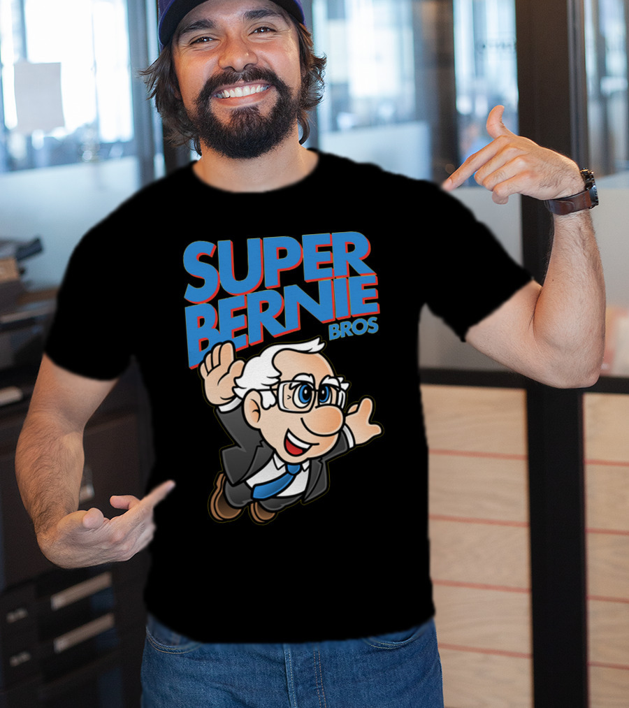 Super Bernie Bros Flying Cartoon Character In Blue Suit And Glasses Iconic T-Shirt