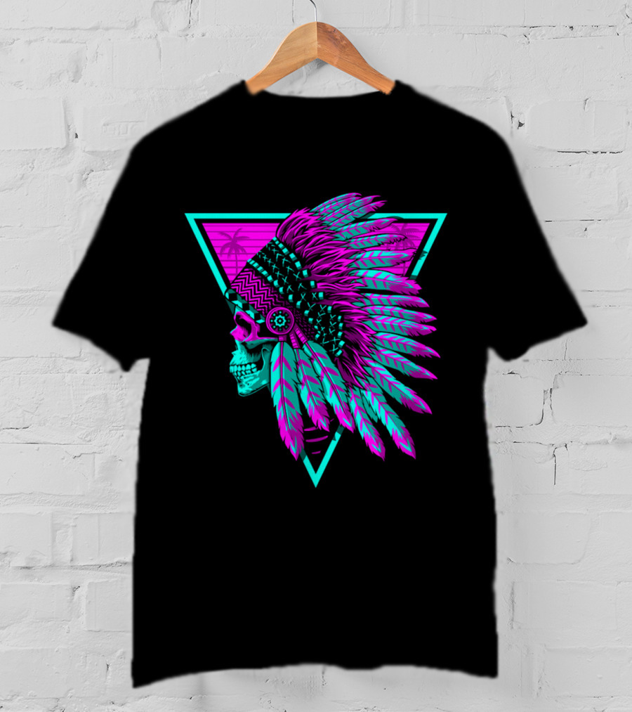 Retro Neon Skull With Headdress In Triangle Frame T-Shirt
