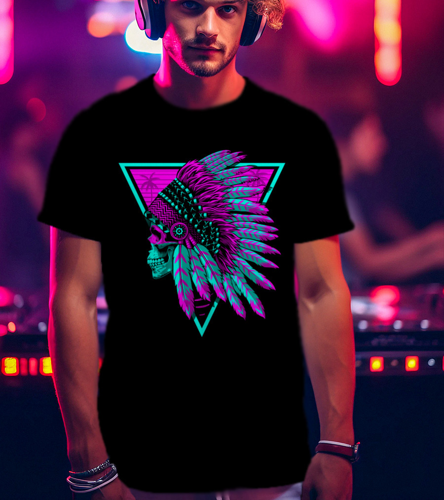 Retro Neon Skull With Headdress In Triangle Frame T-Shirt