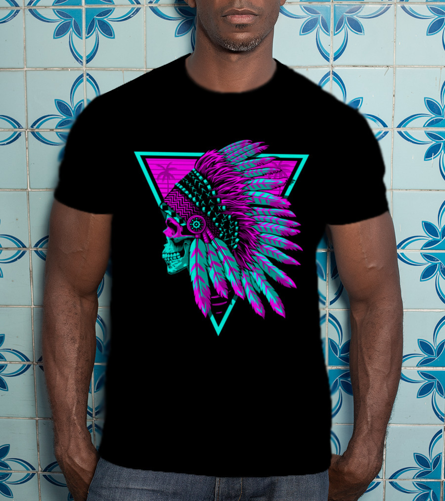 Retro Neon Skull With Headdress In Triangle Frame T-Shirt