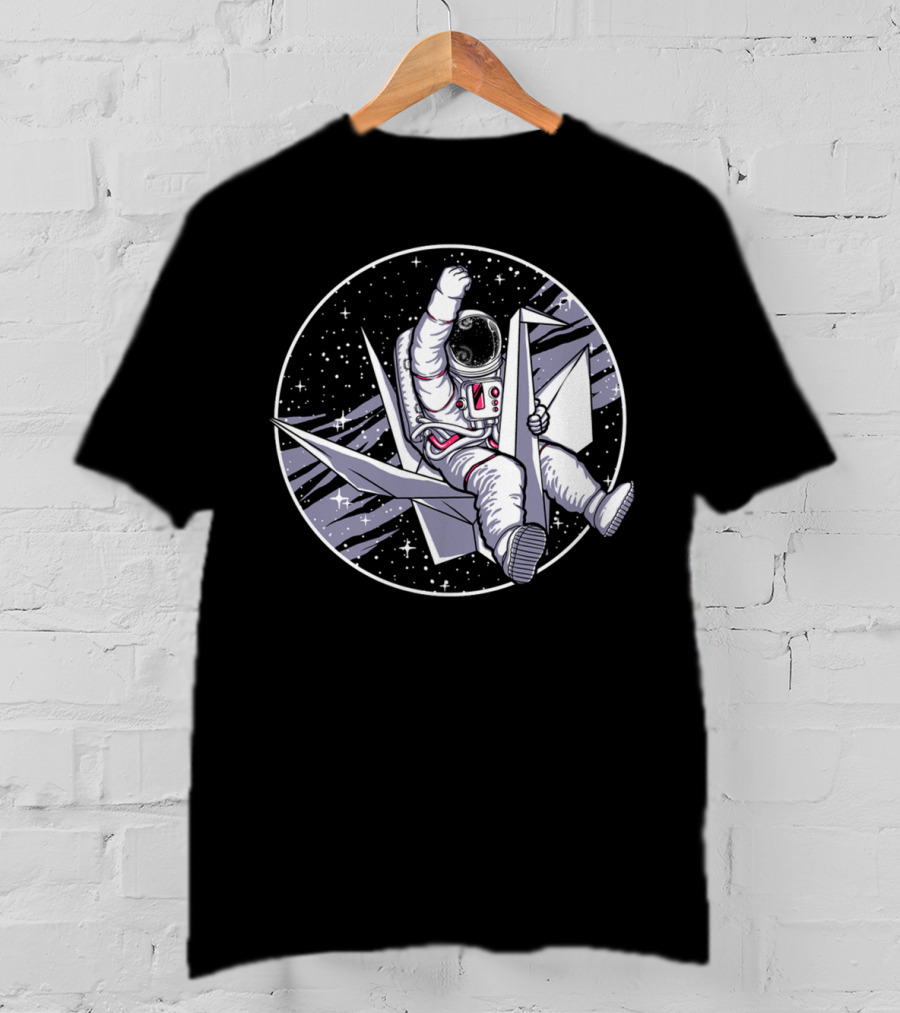 Astronaut Riding Origami Crane In Space Scene T-Shirt