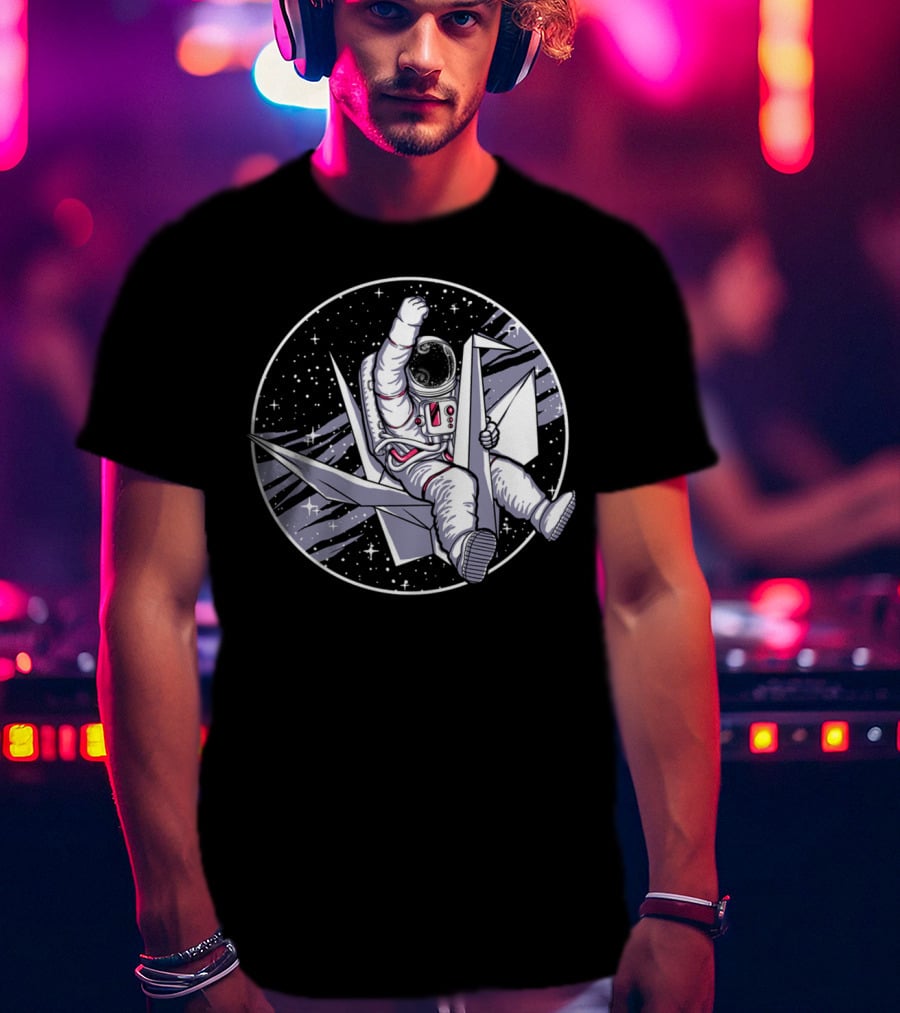 Astronaut Riding Origami Crane In Space Scene T-Shirt