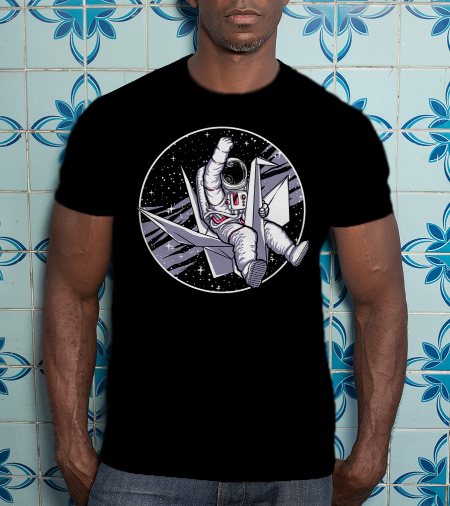 Astronaut Riding Origami Crane In Space Scene T-Shirt