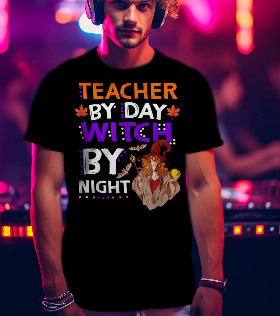 Teacher By Day Witch By Night Halloween Magic Bats Moon T-Shirt