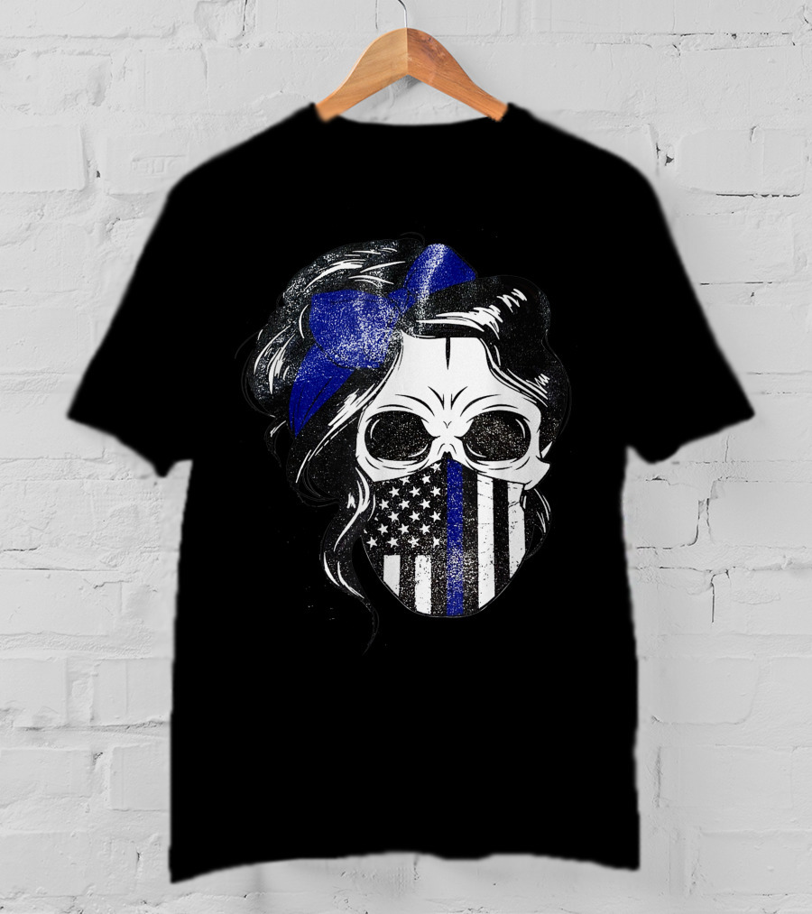 Skull Flag Blue Line Mask With Hair Bow And American T-Shirt