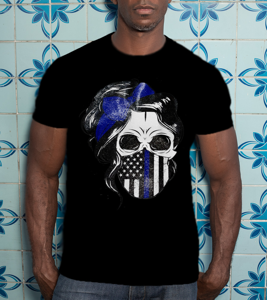 Skull Flag Blue Line Mask With Hair Bow And American T-Shirt