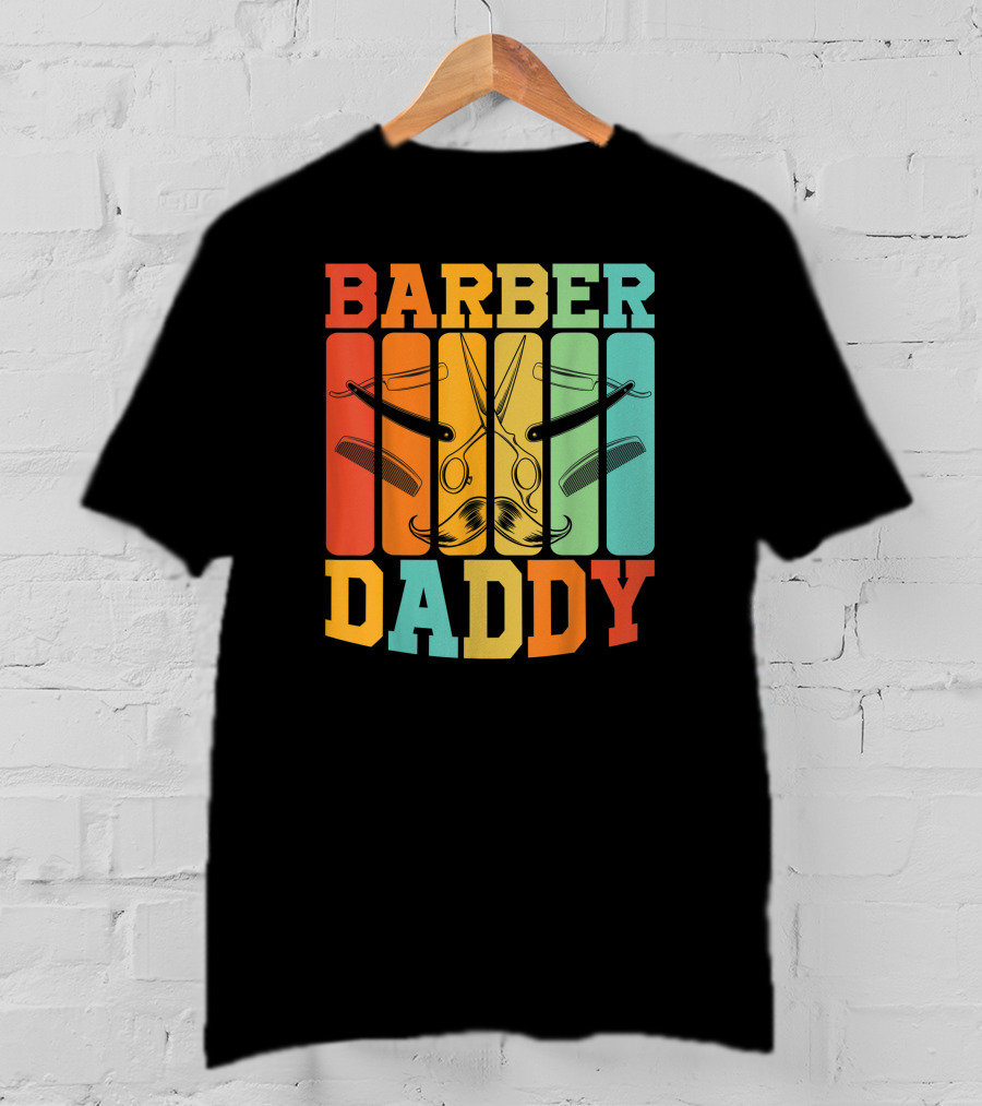 Barber Daddy Scissors And Comb Mustache Style Retro Blocks T-Shirt