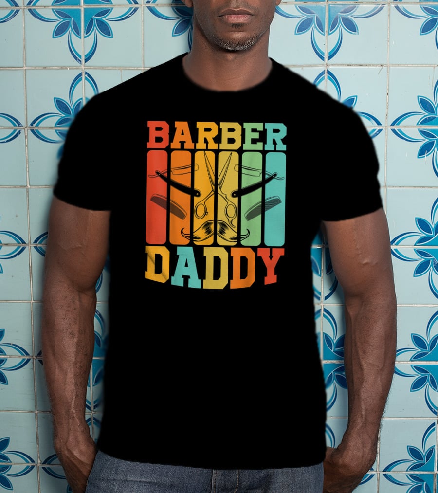 Barber Daddy Scissors And Comb Mustache Style Retro Blocks T-Shirt