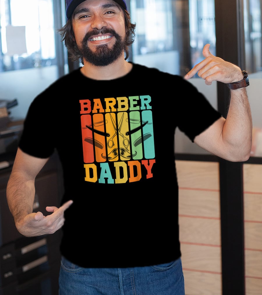 Barber Daddy Scissors And Comb Mustache Style Retro Blocks T-Shirt