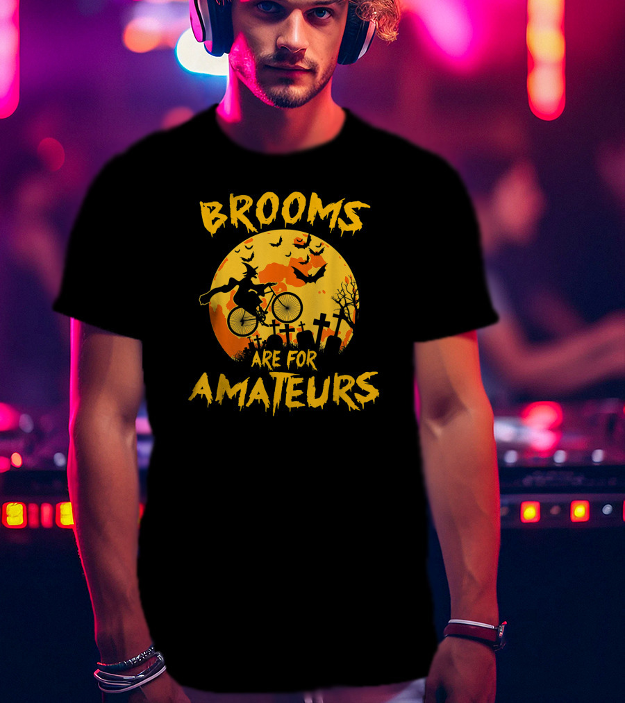 Brooms Are For Amateurs Witch Riding Bicycle Halloween Moon Graveyard Bats T-Shirt