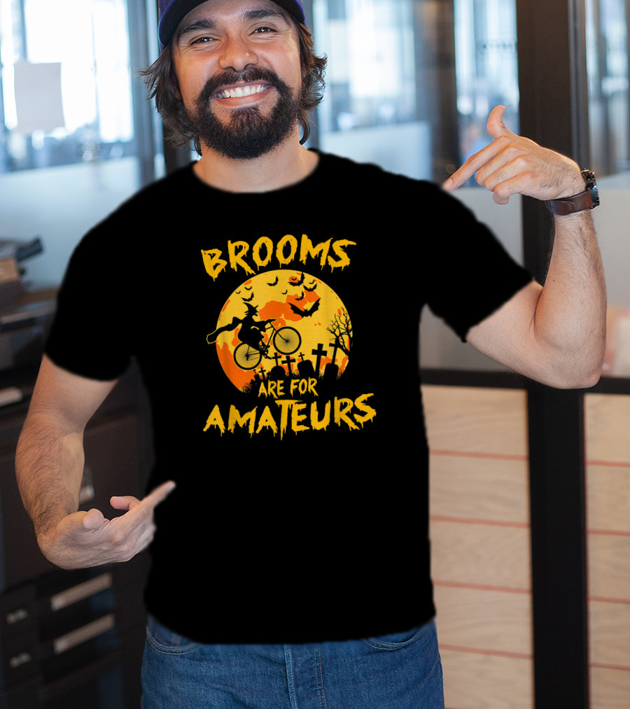 Brooms Are For Amateurs Witch Riding Bicycle Halloween Moon Graveyard Bats T-Shirt