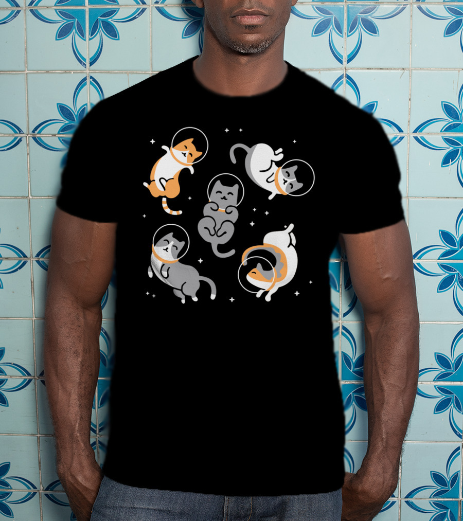 CATS IN SPACE Floating Cartoon Kittens In Astronaut Helmets Amid Stars T-Shirt