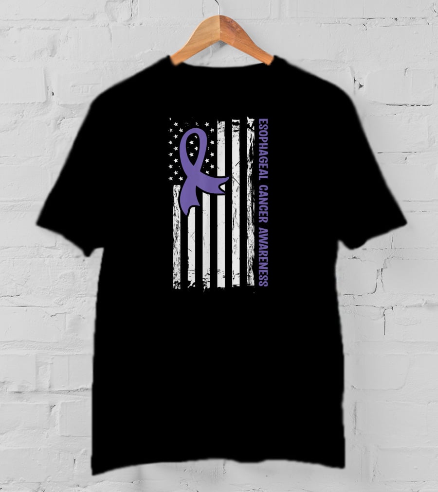 Esophageal Cancer Awareness American Flag Purple Ribbon T-Shirt
