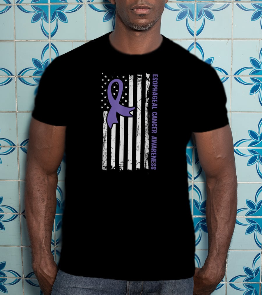 Esophageal Cancer Awareness American Flag Purple Ribbon T-Shirt
