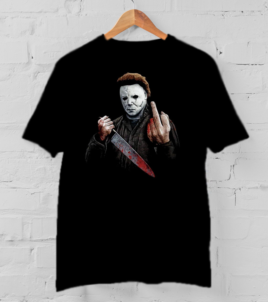 Halloween Michael Myers Holding Bloody Knife And Middle Finger Gesture T-Shirt