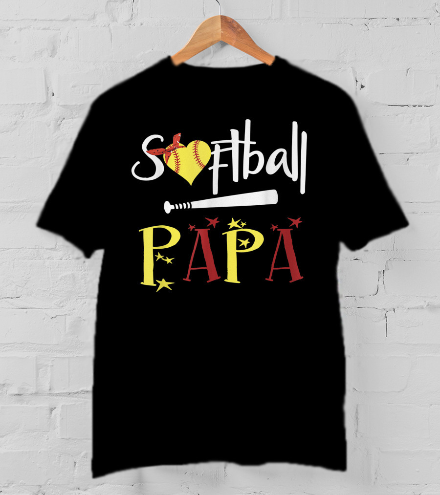 Softball Papa Heart Bat Stars T-Shirt