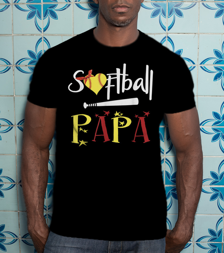 Softball Papa Heart Bat Stars T-Shirt