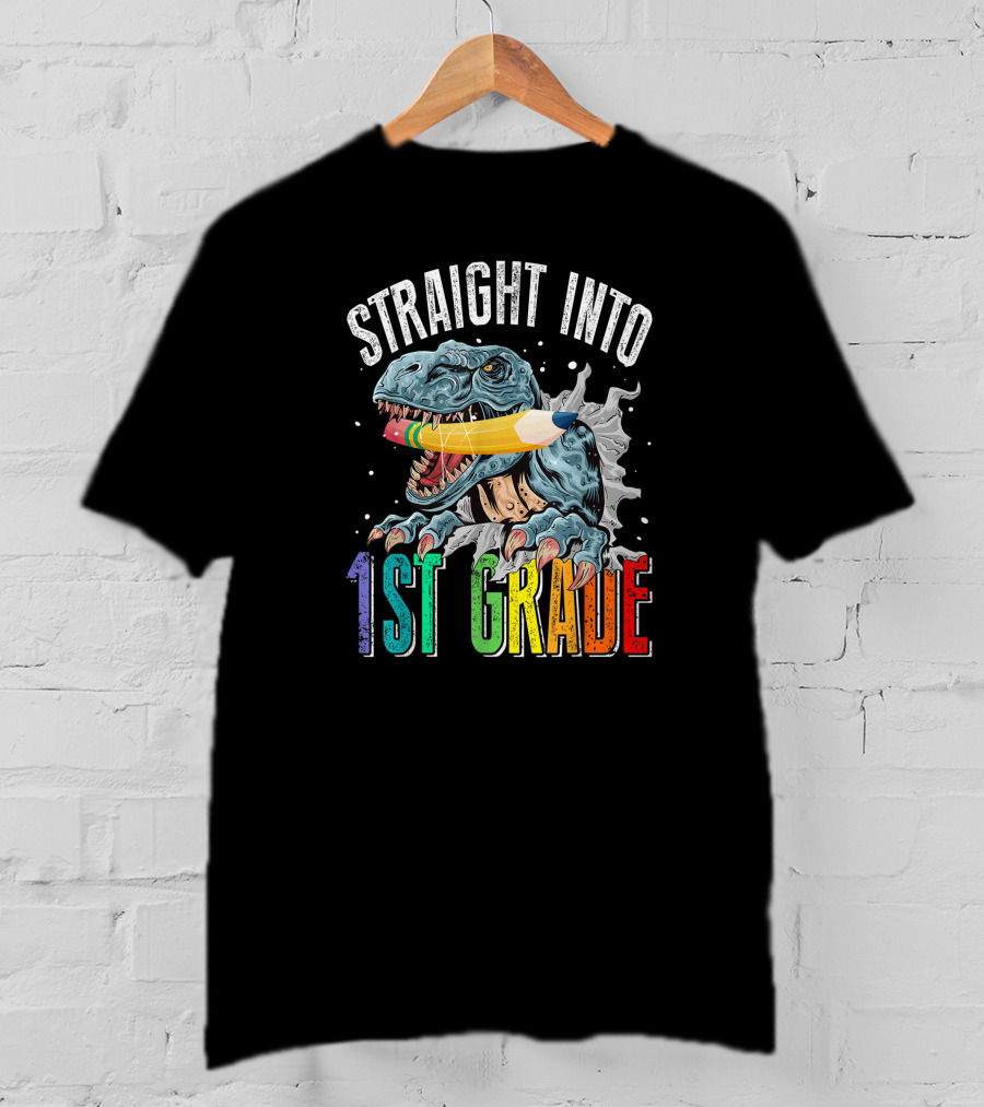 Straight Into 1st Grade Dinosaur Pencil Graphic Back To School T-Shirt
