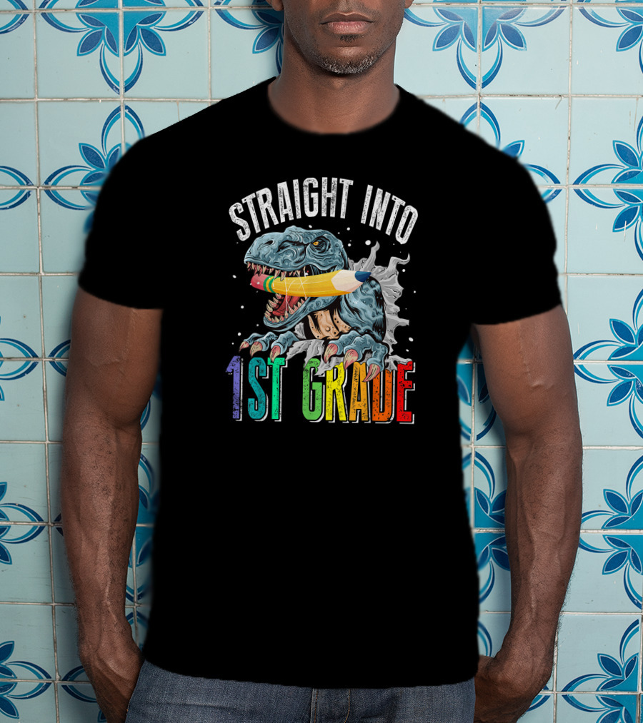 Straight Into 1st Grade Dinosaur Pencil Graphic Back To School T-Shirt