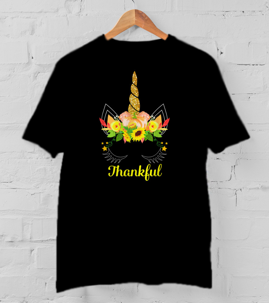 Thankful Thanksgiving Cute Unicorn Pumpkin Floral Sunflower T-Shirt
