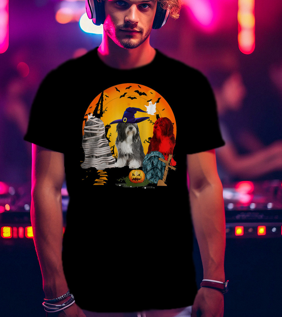 Tibetan Terrier Dog Family Of Three Halloween Spooky Scene With Witch Hat And Pumpkin T-Shirt