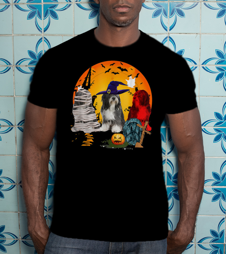 Tibetan Terrier Dog Family Of Three Halloween Spooky Scene With Witch Hat And Pumpkin T-Shirt
