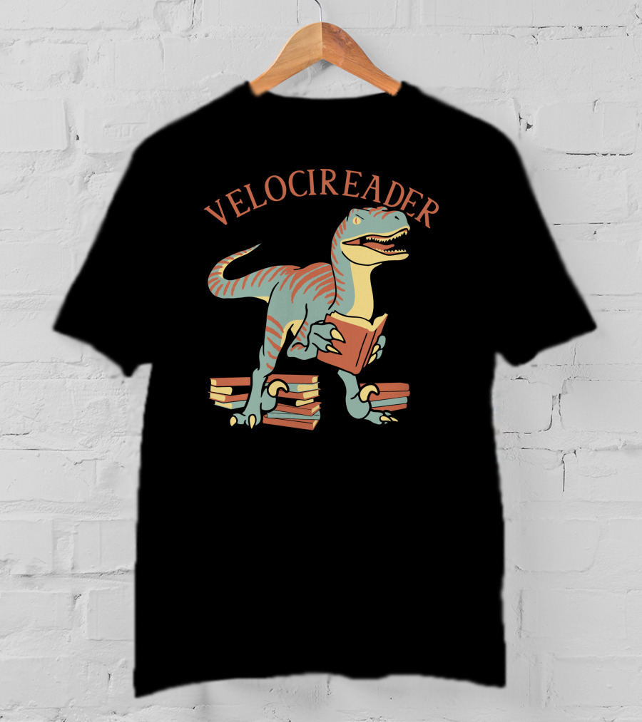 VELOCIREADER Dinosaur Reading Book With Stacked Books T-Shirt