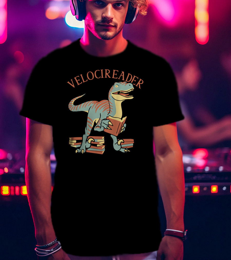 VELOCIREADER Dinosaur Reading Book With Stacked Books T-Shirt