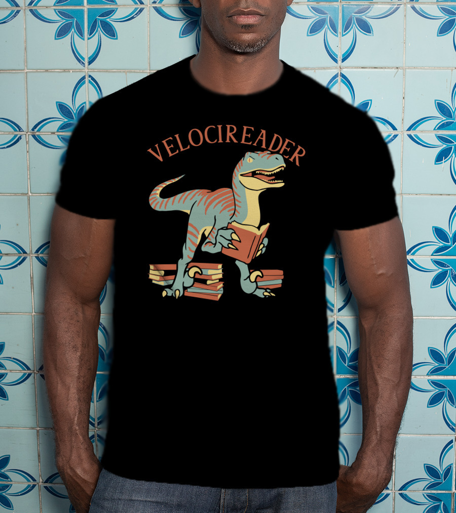 VELOCIREADER Dinosaur Reading Book With Stacked Books T-Shirt