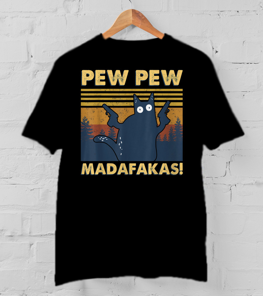 Pew Pew Madafakas Cat Retro Gun-Wielding Forest T-Shirt