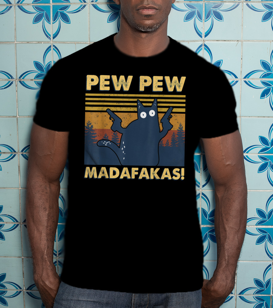 Pew Pew Madafakas Cat Retro Gun-Wielding Forest T-Shirt