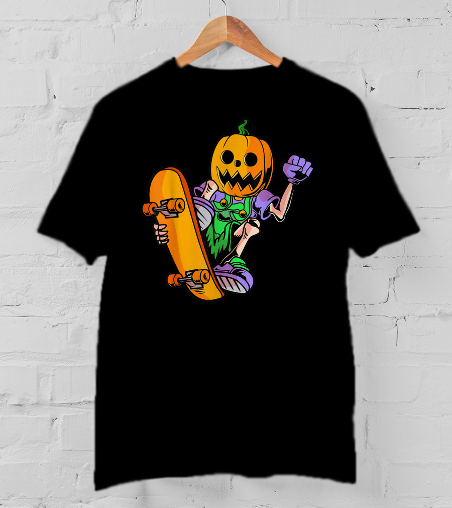 Pumpkin Head Trick Skateboarding With Halloween T-Shirt