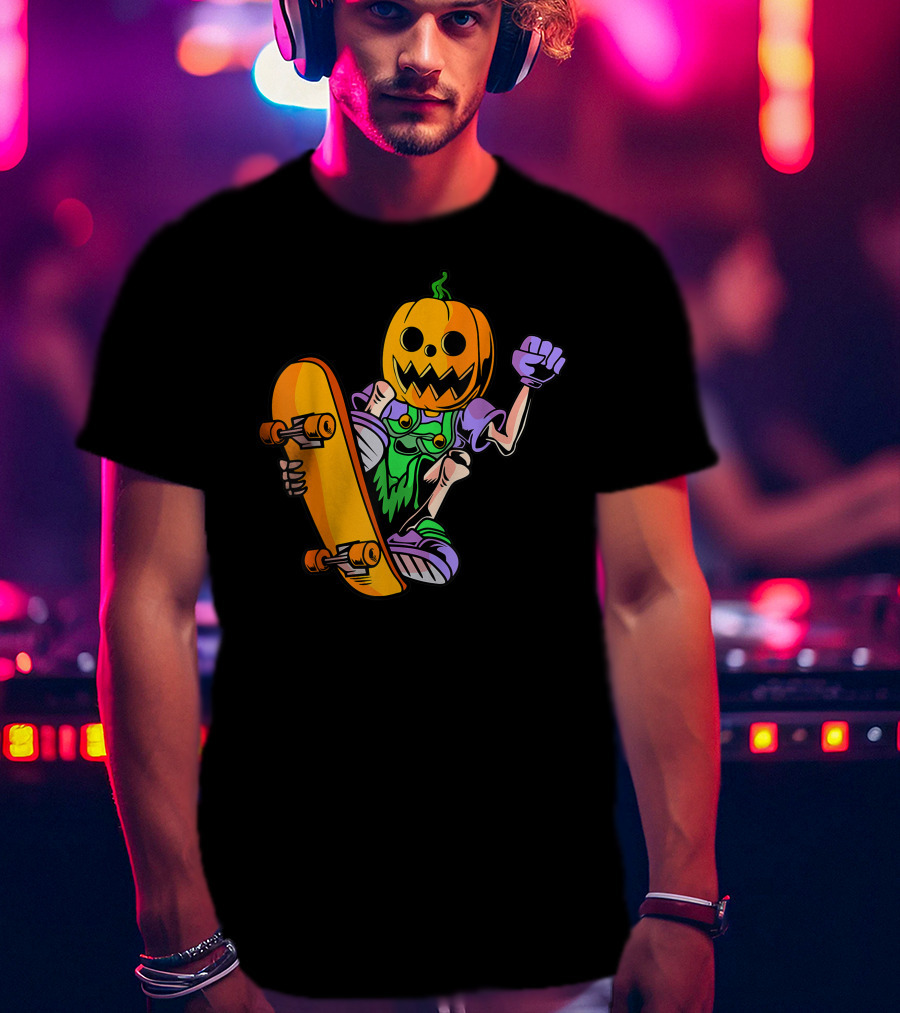 Pumpkin Head Trick Skateboarding With Halloween T-Shirt